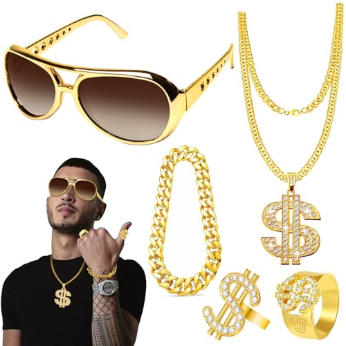 OPEIXSAYKOC 5 PCS Dollar Kette set,Hip Hop Kostüm Set,Dollar Zeichen Goldkette kit,Goldkette Sonnenbrille Goldring,80s/90s Rapper Accessories,Hiphop Punk Gold Kette,Fasching Accessoires,Mottoparty von OPEIXSAYKOC