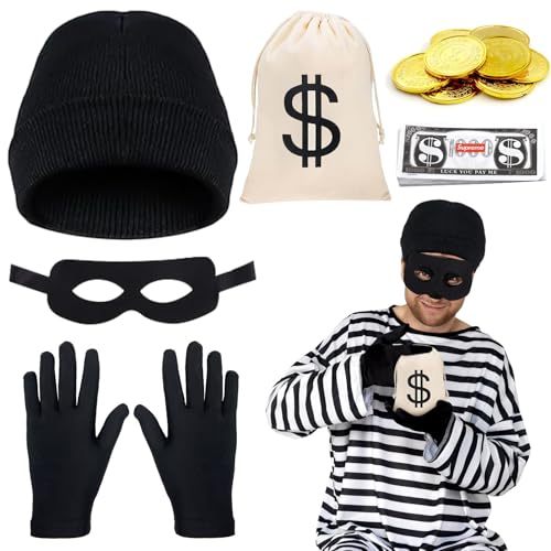 OPEIXSAYKOC 6 Teiliges Räuber Kostüm Set,Maske+Cap+Handschuhe+Geldsack,Cosplay Einbrecher Räuber Accessoire,für Karneval Fasching Verkleidung,Halloween,für Erwachsene & Kinder von OPEIXSAYKOC