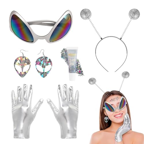 OPEIXSAYKOC Alien Kostüm Set,Alien Haarreif+Brille+Handschuhe+Glitter Gel+Ohrring,Alien Kostüm Damen,Alien Rave Outfit,Damen Mädchen Kinder Verkleidung Kostüm Fasching Karneval Halloween Zubehör von OPEIXSAYKOC