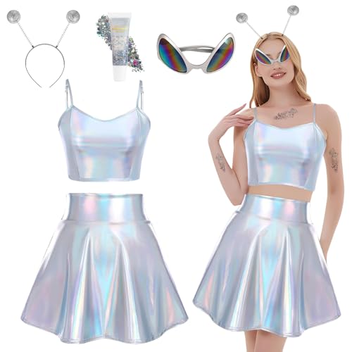 OPEIXSAYKOC Alien Kostüm Set,Glänzendes Korsett Top+Rock+Alien Haarreif+Brille+Glitter Gel,Alien Kostüm Damen,Alien Rave Outfit,Damen Verkleidung Kostüm Fasching Karneval Halloween von OPEIXSAYKOC