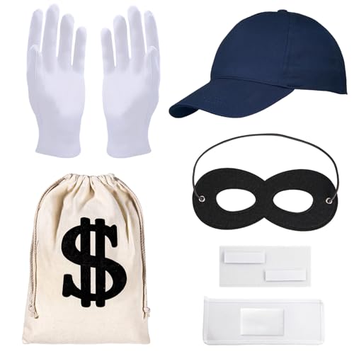 OPEIXSAYKOC Panzerknacker Kostüm Accessoire,Maske+Cap+Handschuhe+Geldsack,Cosplay Einbrecher Räuber Accessoire,für Karneval Fasching Verkleidung,Halloween,für Erwachsene & Kinder von OPEIXSAYKOC