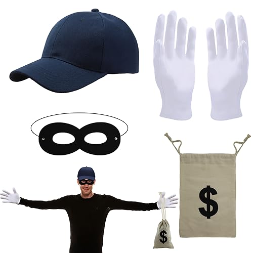 OPEIXSAYKOC Panzerknacker Kostüm Accessoire,Maske+Cap+Handschuhe+Geldsack,Cosplay Einbrecher Räuber Accessoire,für Karneval Fasching Verkleidung,Halloween,für Erwachsene & Kinder von OPEIXSAYKOC