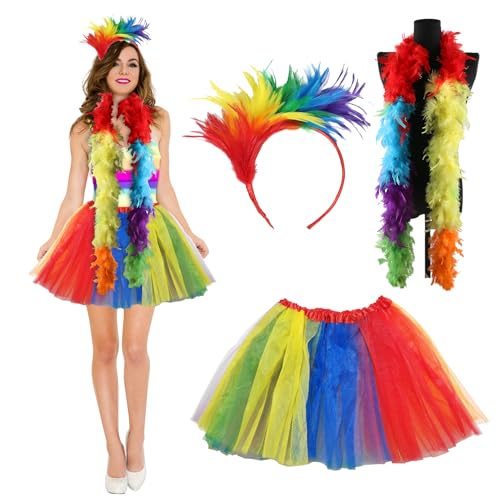 OPEIXSAYKOC Regenbogen Kostüm Damen,Regenbogen Rock,mit Regenbogen Tüllrock,Bunt Feder Stirnband,Regenbogen Federboa,Karneval Kostüm Damen,Regenbogen Kostüm, für Karneval Mottoparty von OPEIXSAYKOC