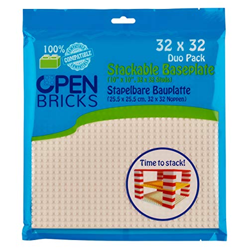 OPEN BRICKS Bauplatten, 32x32 (25,5 x 25,5 cm), Weiß/White, 2 Stück, Kompatibel mit Allen führenden Marken, Beidseitig bebaubar von OPEN BRICKS