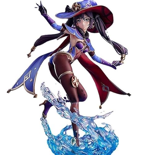 Anime Actionfiguren Modell Statue-Schwarzhaarige, doppelt geflochtene, grauäugige weibliche Spielfigur mit Hexenhut, passender blauer und roter Umhang, blauer Spritz-Effekt-Basis, Höhe 33 cm, Gewicht von OPQRSTUVW