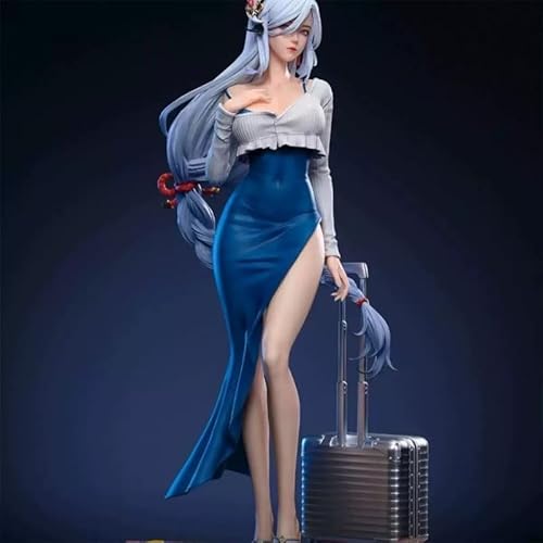 Anime Actionfiguren Modell Statue Silber und Weiß Statue einer Frau mit langen Haaren und blauen Augen, sitzt auf einer Schaukel, Ginkgo-Baum, schwarz-weißes aufwendiges Kostüm, Höhe 28cm, Gewicht von OPQRSTUVW