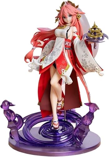 OPQRSTUVW Anime-Action-Figuren, Modellstatue, rosa langes Haar, lila Augen, Fuchsohren, Spielcharakter, trägt einen roten und weißen Kimono, hält ein Artefakt, lila Wirbelbasis, Gewicht 1000 g, 24 cm von OPQRSTUVW