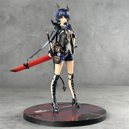 OPQRSTUVW Anime-Actionfiguren, Modellstatue, blaues Haar und rote Augen mit Tierhörnern, weiblicher Spielcharakter, gekleidet in schwarzem Leder, hält eine Waffe mit roter Klinge, 26 cm hoch, Gewicht von OPQRSTUVW