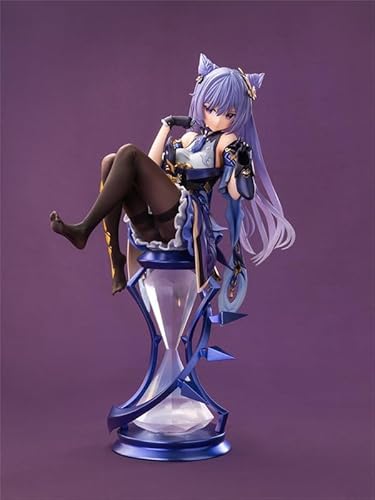 OPQRSTUVW Anime-Actionfiguren, Modellstatue, langes hellviolettes Haar, trägt blaue Kleidung, schwarze Strümpfe, lehnt sich gegen blaue Sanduhr-Form, Schreibtisch-Ornament, Gewicht 650, Höhe 22-H von OPQRSTUVW