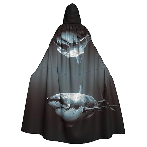 OPSREY Großer weißer Hai-bedruckter Poncho mit Kapuze für Erwachsene, volle Länge, Umhang, Robe, Party-Dekoration, Zubehör von OPSREY