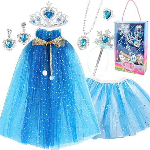 OPUHOHR 7 stück Mädchen Prinzessin kleid anzug Mädchen Geburtstagsparty Cosplay Set Prinzessin Umhang and TuTu Rock, Krone, Zauberstab, Schmuck von OPUHOHR