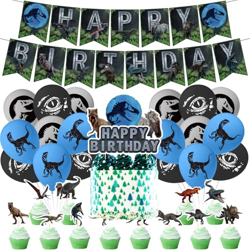 Dinosaurier Welt Geburtstag Party Dekoration Ballons, 32pcs Kinder Party Supplies Happy Birthday Banner Party Luftballons Kinder Geburtstag Kuchen Toppers Jungen Dinosaurier Party Dekorationen von OPVXZAD