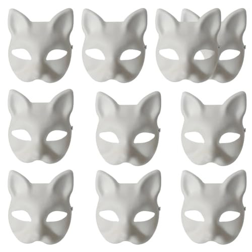 OPVXZAD 10 Stück DIY Katzenmaske Handgemalte Katzen Maske Weiße Papiermaske Katzengesicht Zellstoff-Blanko Cat Maske Cosplay Cat Papiermasken zum Bemalen für Karneval Cosplay Halloween Party von OPVXZAD