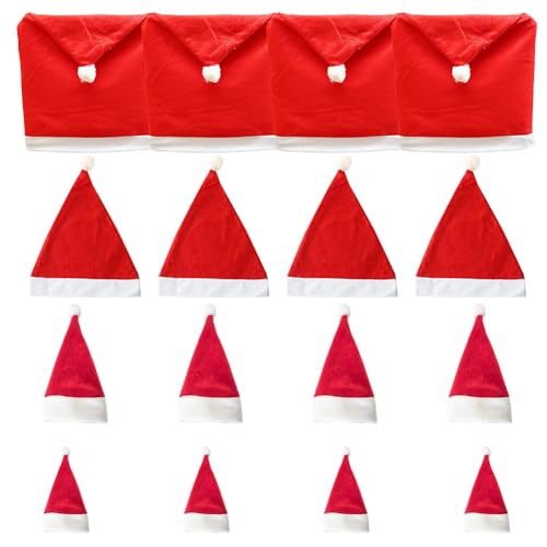 OPVXZAD 16 Stück Rote Weihnachtsmütze,Rote Stuhlhussen Kinder Erwachsene Weihnachtsmütze Set,Mini Besteck Tisch Lollipop Dekorative Weihnachtsmütze Set,für Weihnachten Urlaub Festival Dekoration von OPVXZAD