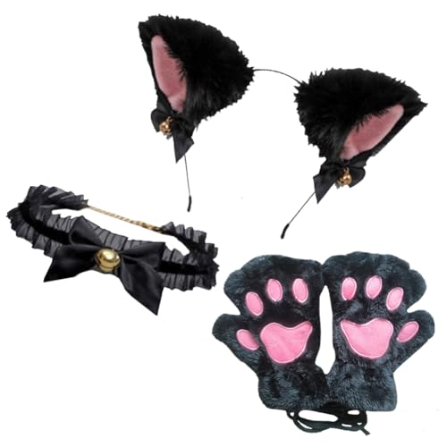 OPVXZAD 3 Stück Katzen-Cosplay-Set Katzenohren Haarreif Katze Krallen Plüsch Halb Handschuhe Spitze Glöckchen Halskette für Karneval Halloween Weihnachtsfeier Mädchen Cosplay Kostümfest-Schwarz von OPVXZAD