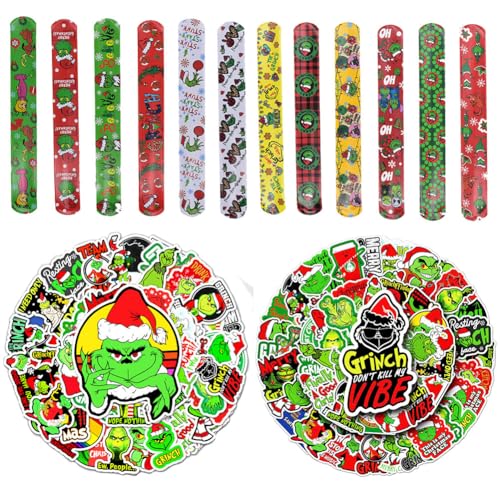 OPVXZAD Weihnachten Schnapparmbänder,Grin-ch Schnapparmband,Grin-ch Slap Armbänder,24 Grinch Snap Bracelets und 52 Aufkleber für Kinder Jungen Mädchen Birthday Partybedarf Geschenke Spielzeug von OPVXZAD