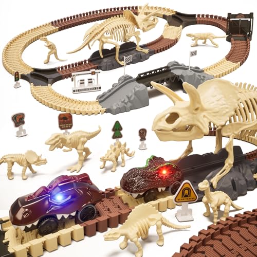 OR OR TU Autorennbahn Dinosaurier Spielzeug 188Stück, Dinosaurier Fossilien Rennstrecke Kinderspielzeug ab 3 4 5 6+ Jahre mit Dinosaurier Figuren, Eisenbahn Spielzeugautos für Junge Mädchen Geschenk von OR OR TU