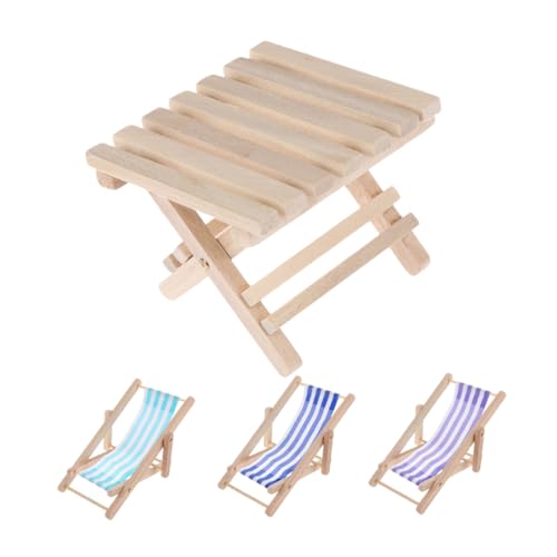 ORFOFE Puppenhausmöbel Mini Liegestuhl Modell Für Puppenhaus Striped Mini Strandstuhl Dekoration Und 4 Teiliges Set Mit Klappbarem Tisch Puppenhaus Öbel Zubehör Select Mikrolandschaft Strand von ORFOFE