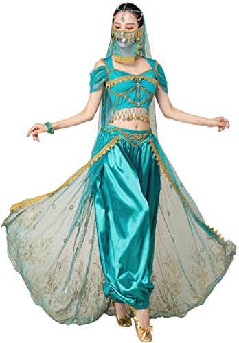 ORIDOOR Damen New Aladdin Jasmin Prinzessin Bauchtanz Halloween Kostüm Set Bauchtanz für Dress Up Party 5-teiliges Outfit, Malachitblau, XL von ORIDOOR