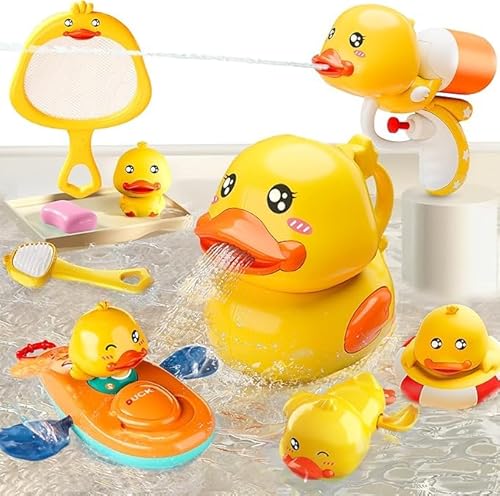 Badespielzeug-Set für Kinder, 7-teilig, Gelbe Enten mit Wassersprüher, Spiegel und Boot von ORORTU