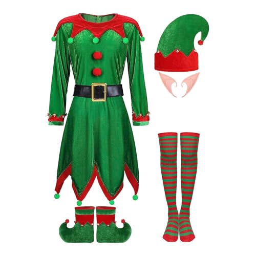 Weihnachtselfen-Kostümset,Elfen-Outfit-Anzug, Weihnachtsmann-Helfer-Kostüm, 7-teilig - Lustiges festliches Outfit mit Schuhgürtel, Elfenohr, Elfenhut, Kleid, Strumpf für von ORTUH