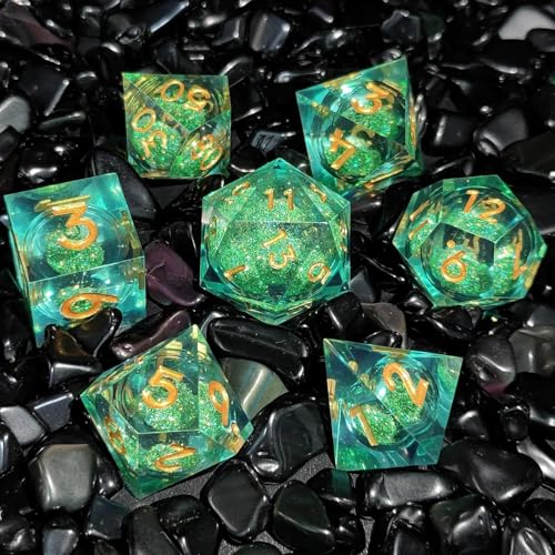 7 PCS Liquid Core DND Würfel Harz Sharp Edge Dice Polyhedral D&D Würfel Set für Dungeons and Dragons RPG MTG Tischspiele (Flüssiger Treibsand grün) von ORUZA