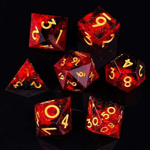 ORUZA 7 Stück DND Würfel Set Polyedrische D&D Würfel aus Harz Durchscheinendes Scharfe Kante Harz DND Würfel Set für Dungeons and Dragons, MTG Tischspiele Würfel, Flammenrot von ORUZA