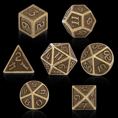 ORUZA 7 Stück DND Metall Würfel Set Bronze Polyedrische Würfel Set D&D Würfel Set für Dungeons und Dragons RPG MTG TTRPG Pathfinder Rollenspiele Tischspiele Würfel von ORUZA