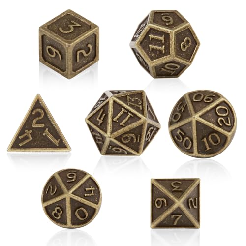 ORUZA 7 Stück DND Metall Würfel Set Bronze Polyedrische Würfel Set D&D Würfel Set für Dungeons und Dragons RPG MTG TTRPG Pathfinder Rollenspiele Tischspiele Würfel von ORUZA