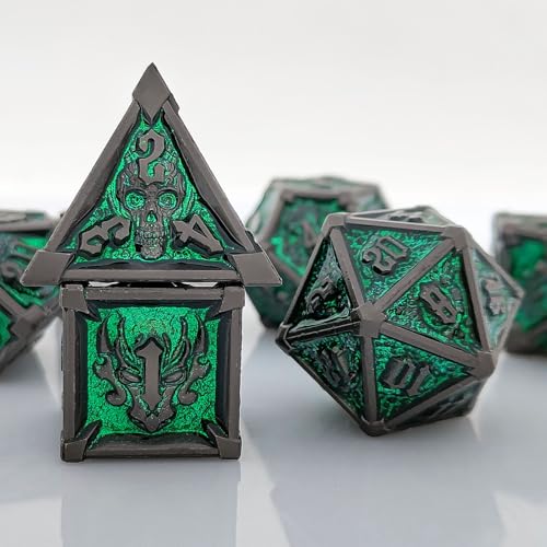 ORUZA 7 Stück DND Metall Würfel Set Polyedrische Würfel Set D&D, Metall Spielwürfel für Dungeons und Dragons RPG MTG TTRPG Pathfinder Rollenspiele Tischspiele Würfel (Schwarz & Flash Grün) von ORUZA