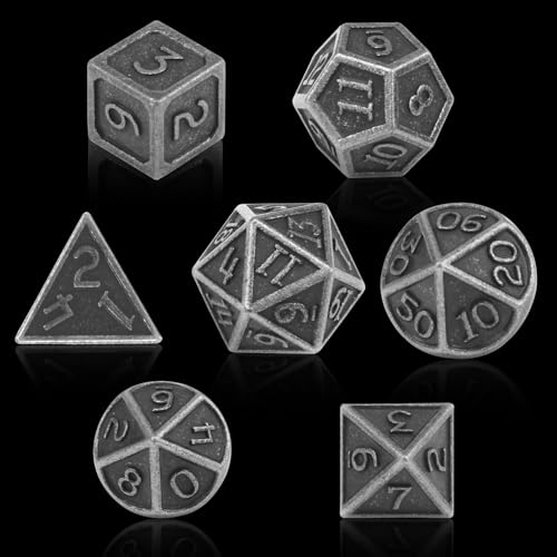 ORUZA 7 Stück DND Metall Würfel Set Silber Polyedrische Würfel Set D&D Würfel Set für Dungeons und Dragons RPG MTG TTRPG Pathfinder Rollenspiele Tischspiele Würfel von ORUZA