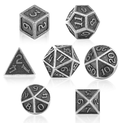 ORUZA 7 Stück DND Metall Würfel Set Silber Polyedrische Würfel Set D&D Würfel Set für Dungeons und Dragons RPG MTG TTRPG Pathfinder Rollenspiele Tischspiele Würfel von ORUZA