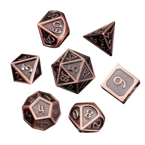 ORUZA 7 Stück Metal DND Würfel Set Antike Kupfer Polyedrische Würfel D4 D6 D8 D10 D12 D20 D% Metall D&D Würfel Set für Dungeons and Dragons RPG MTG Rollenspiel Würfel von ORUZA