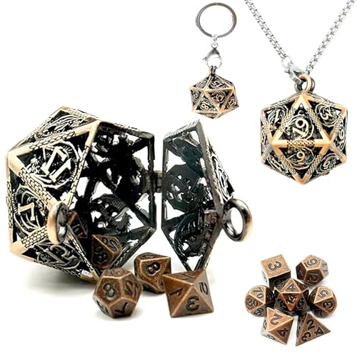 ORUZA 7 Stück Mini Metall DND Würfel Set, Polyedrische Würfel Set mit Kupfer Hohl Halskette Würfel Fall Tragbare D&D Schlüsselanhänger Würfel für Dungeon und Dragons MTG RPG Tischspiele Würfel von ORUZA