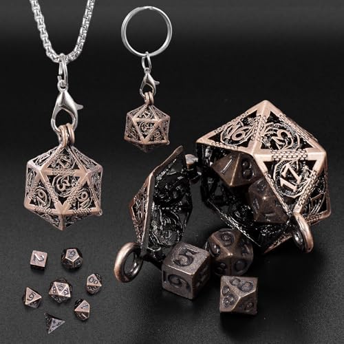 ORUZA 7 Stück Mini Metall DND Würfel Set Mit Kupfer Hohl Halskette Würfel Fall Polyedrische Würfel Set Tragbare D&D Schlüsselanhänger Würfel für Dungeon und Dragons MTG RPG Tischspiele Würfel von ORUZA