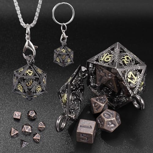 ORUZA 7 Stück Mini Metall DND Würfel Set mit Schwarzem Hohlen Halskette Fall Polyedrische Metall Würfel Set Anhänger D&D Schlüsselanhänger Würfel für Dungeons and Dragons RPG Karten Tischspiele Würfel von ORUZA