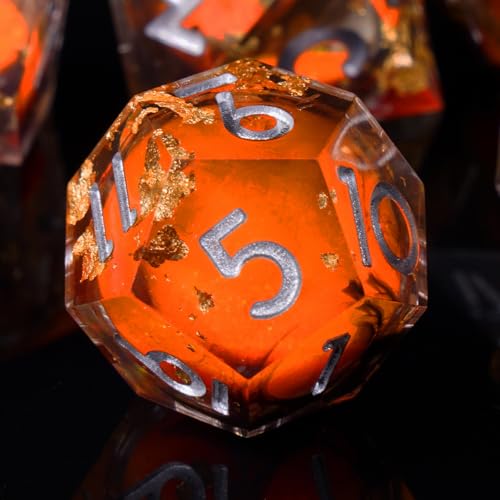 ORUZA 7 Stück Polyedrische Würfel Set Liquid Core Würfel D4 D6 D8 D10 D12 D20 D% DND Würfel für Dungeons and Dragons RPG MTG Pathfinder Rollenspiele BlackOrangeGoldFoilDice Spielwürfel von ORUZA