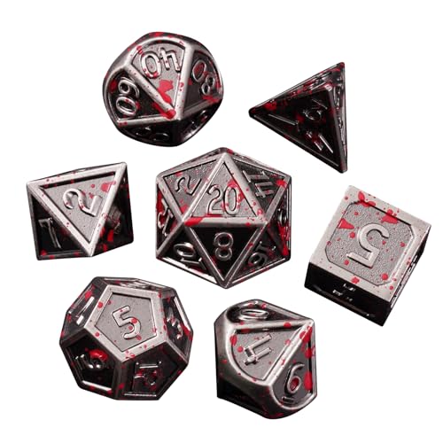 ORUZA Metal DND Würfel Set 7 Stück Blutverschmiert Polyedrische D&D Würfel D4 D6 D8 D10 D12 D20 D% Metall Spielwürfel für Dungeons und Dragons MTG RPG TTRPG Tischspiele Würfel von ORUZA