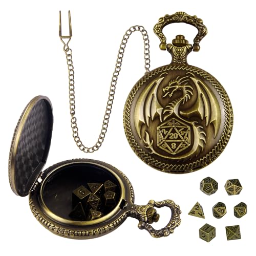 ORUZA Mini DND Würfel Set, 7 Stück Polyedrische D&D Würfel mit Bronze Metall Taschenuhrgehäuse Dungeons and Dragons RPG MTG Rollenspiele Tischspiele Würfel von ORUZA