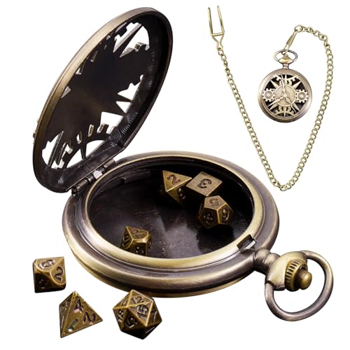 ORUZA Mini DND Würfel Set, 7 Stück Polyedrische D&D Würfel mit Bronze Metall Taschenuhrgehäuse Dungeons and Dragons RPG MTG Rollenspiele Tischspiele Würfel von ORUZA