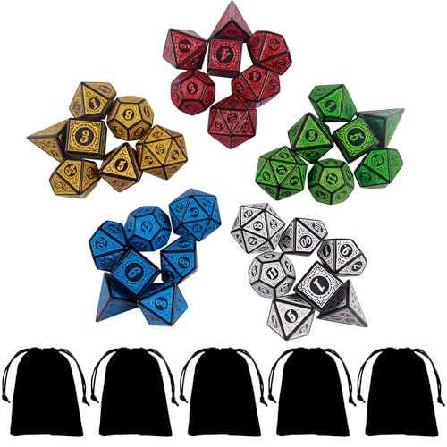 ORUZA Polyedrische DND Würfel, 5 x 7 Set (35 Stück) Vintage Engraving Series Polyhedral Würfel Set mit 5 Beuteln, für Dungeon and Dragons MTG Tischspiele RPG DND D4 D6 D8 D10 D% D12 D20 von ORUZA