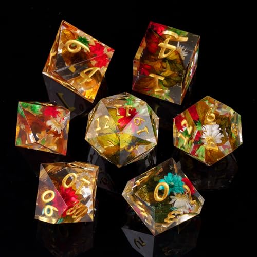 ORUZA 7 Stück Polyedrische Würfel Set Blume DND Würfel Set Harz Scharfe Kanten D&D Würfel für Dungeons und Dragons Pathfinder MTG Rollenspiele Tischspiele Würfel von ORUZA