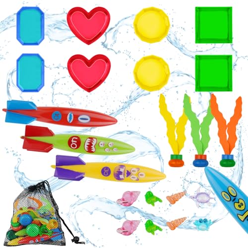 OSDUE Tauchringe für Kinder, Tauchen Spielzeug Unterwasser für Kinder,Tauchringe, Stöcke, Algenspielzeug, Tauchtorpedo zum Schwimmen, Poolparty Geschenk für Kinder Jungen Mädchen mit 1*Tasche von OSDUE