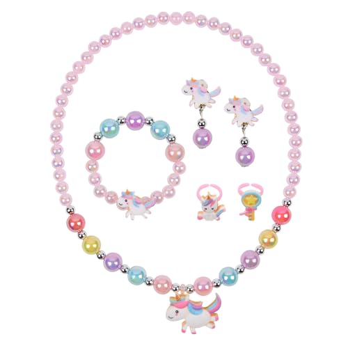 OSDUE 6 Stück Einhorn Schmuckset Mädchen, Einhorn Kinderschmuck Enthalten Halskette, Ringe, Armbänder, Ohrring, Einhorn Kinderschmuck Set für Party Dress Up Geschenk von OSDUE