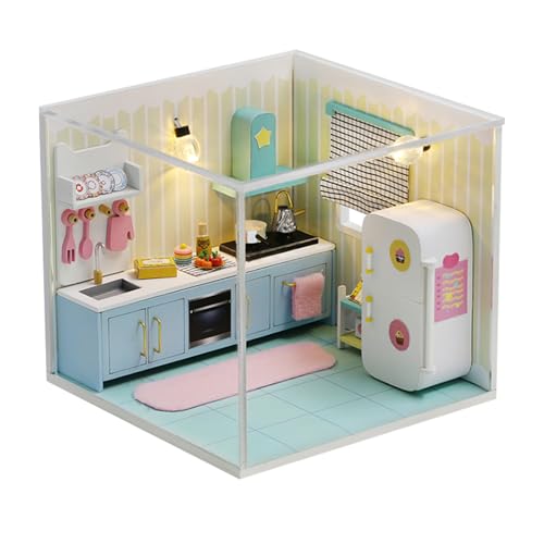 OSDUE DIY Miniatur Puppenhaus Kits, 3D Puzzle Haus Modellbausätze, Puppenhaus Miniatur mit Möbeln, DIY hölzernes Puppenhaus Kit, Basteln Bastelset Geschenke für Erwachsene und Kinder, Mini Küche von OSDUE