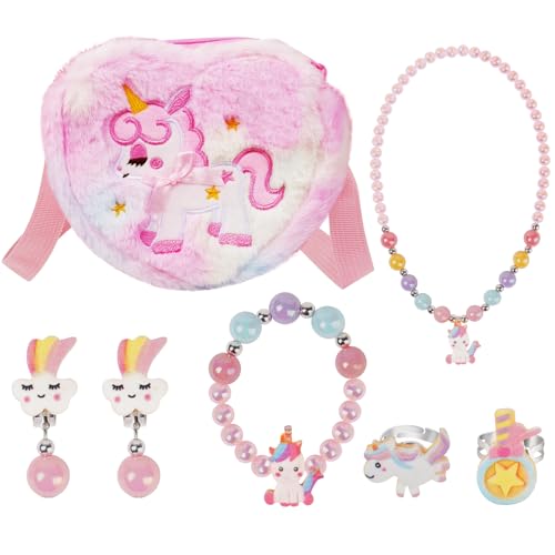 OSDUE Einhorn Handtasche, Einhörnern Kinderschmuck Halskette, Schmuckset für Mädchen, Unicorn Kette Halskette Armband Ring Schmuckset, für Party Dress Up Geschenk (7-Teiliges Set) von OSDUE