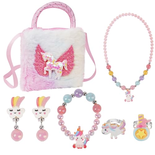 OSDUE Einhorn Handtasche, Einhörnern Kinderschmuck Halskette, Schmuckset für Mädchen, Unicorn Kette Halskette Armband Ring Schmuckset, für Party Dress Up Geschenk (7-Teiliges Set) von OSDUE