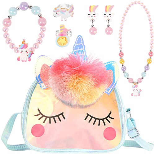 OSDUE Einhorn Handtaschen, Schmuckset für Mädchen, Unicorn Kette Halskette Armband Ring Schmuckset, für Party Dress Up Geschenk(Blau) von OSDUE