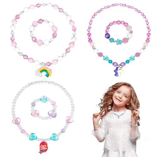 OSDUE Einhorn Schmuck Set Mädchen, Meerjungfrau Armband Set, Meerjungfrau Kinderschmuck Enthalten Halskette, Armbänder, Regenbogen Kinderschmuck Set für Party Dress Up Geschenk (6 Stück) von OSDUE