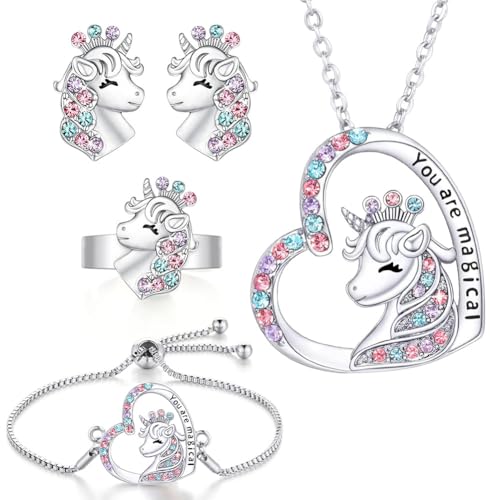 OSDUE Einhorn Schmuckset Mädchen, Einhorn Kinderschmuck Enthalten Halskette, Ringe, Armbänder, Ohrring, Schmuck Set Einhorn für Party Dress Up Geschenk, Mit Bunter Geschenkbox (5 Stück) von OSDUE